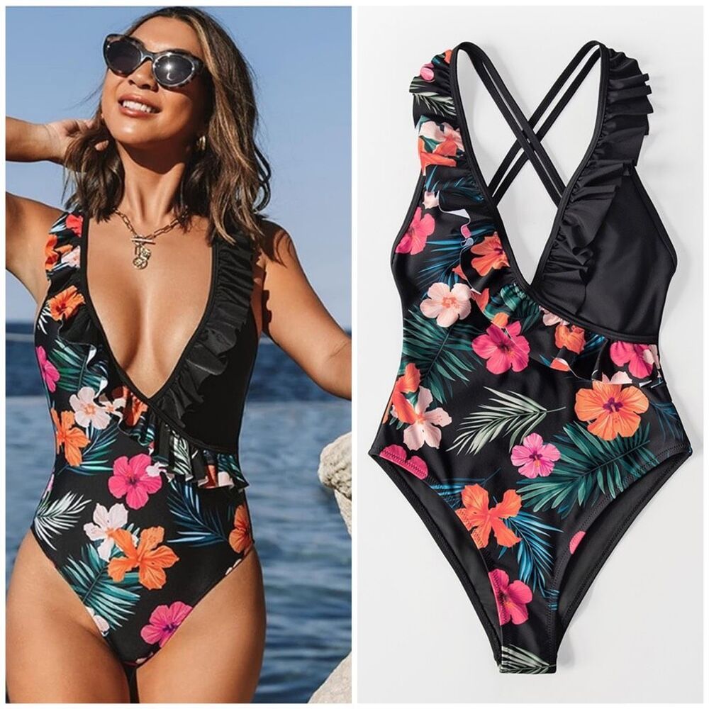 NWT Womens Seaselfie The Tropics Floral Ruffle Swimsuit Bathing Suit - Sz S